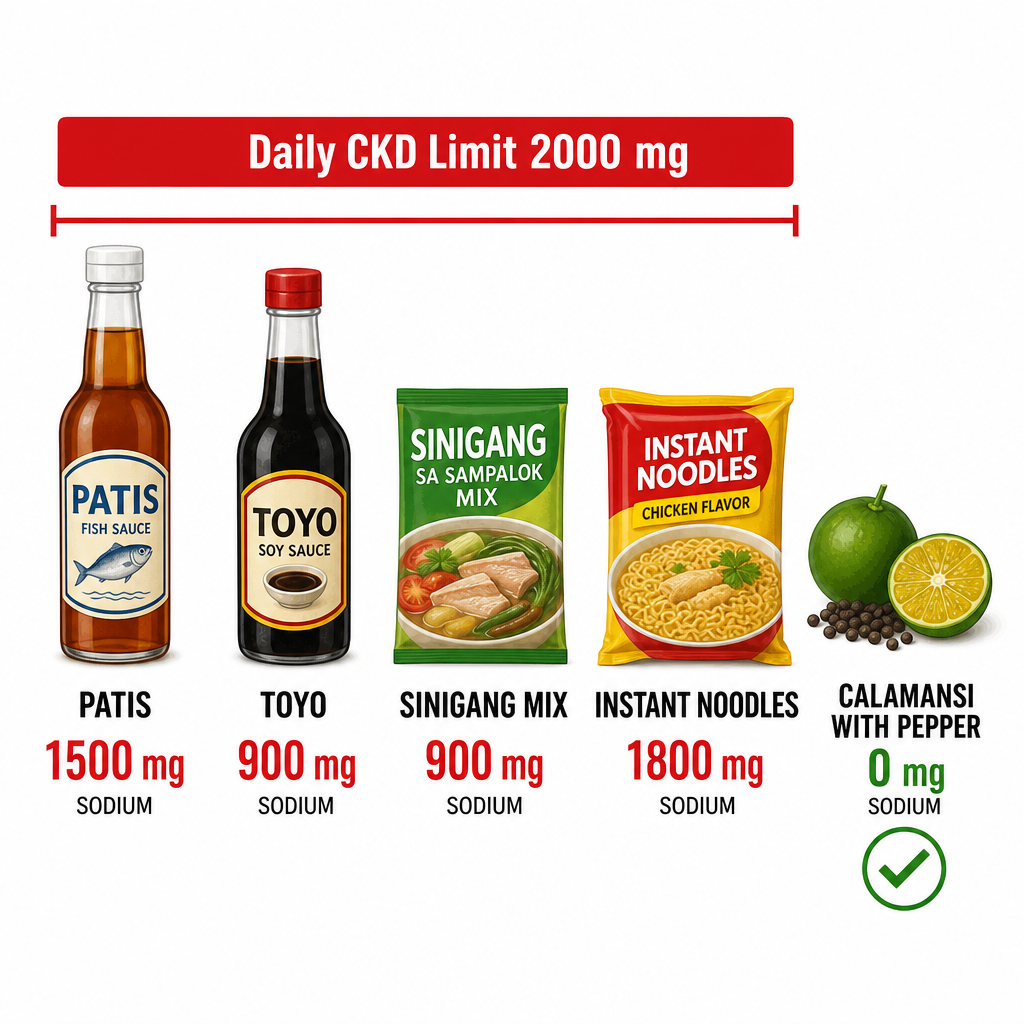 Chart showing hidden sodium in common Filipino condiments like patis, toyo, sinigang mix with daily limit line
