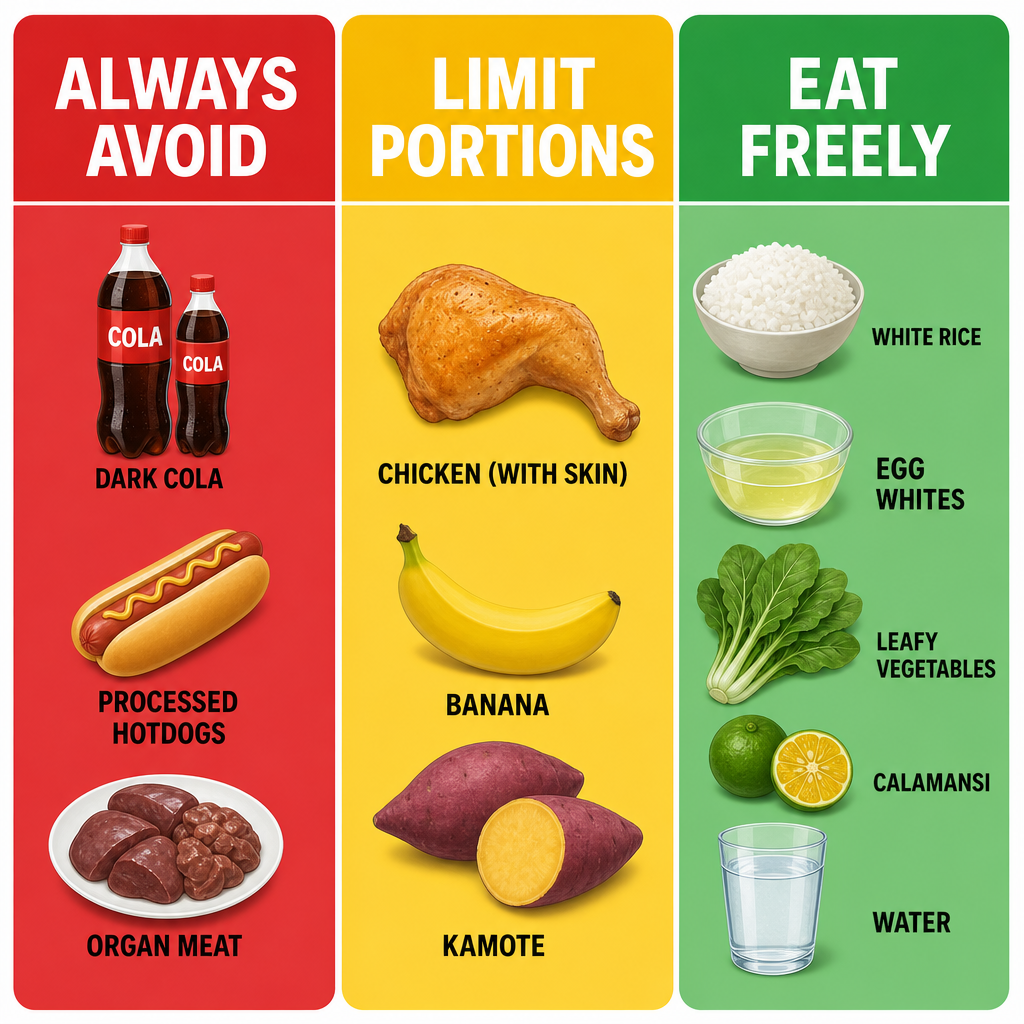 Traffic light food safety guide for CKD showing red always-avoid, yellow limit, and green eat-freely foods