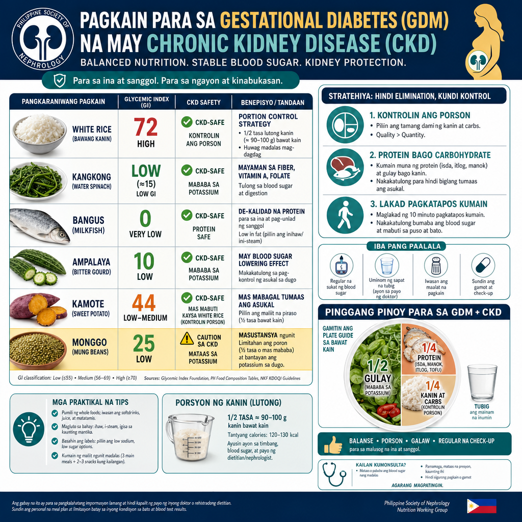 Filipino foods glycemic index guide for GDM-CKD — kangkong, bangus, ampalaya, kamote safe; monggo high potassium caution; portion control strategy