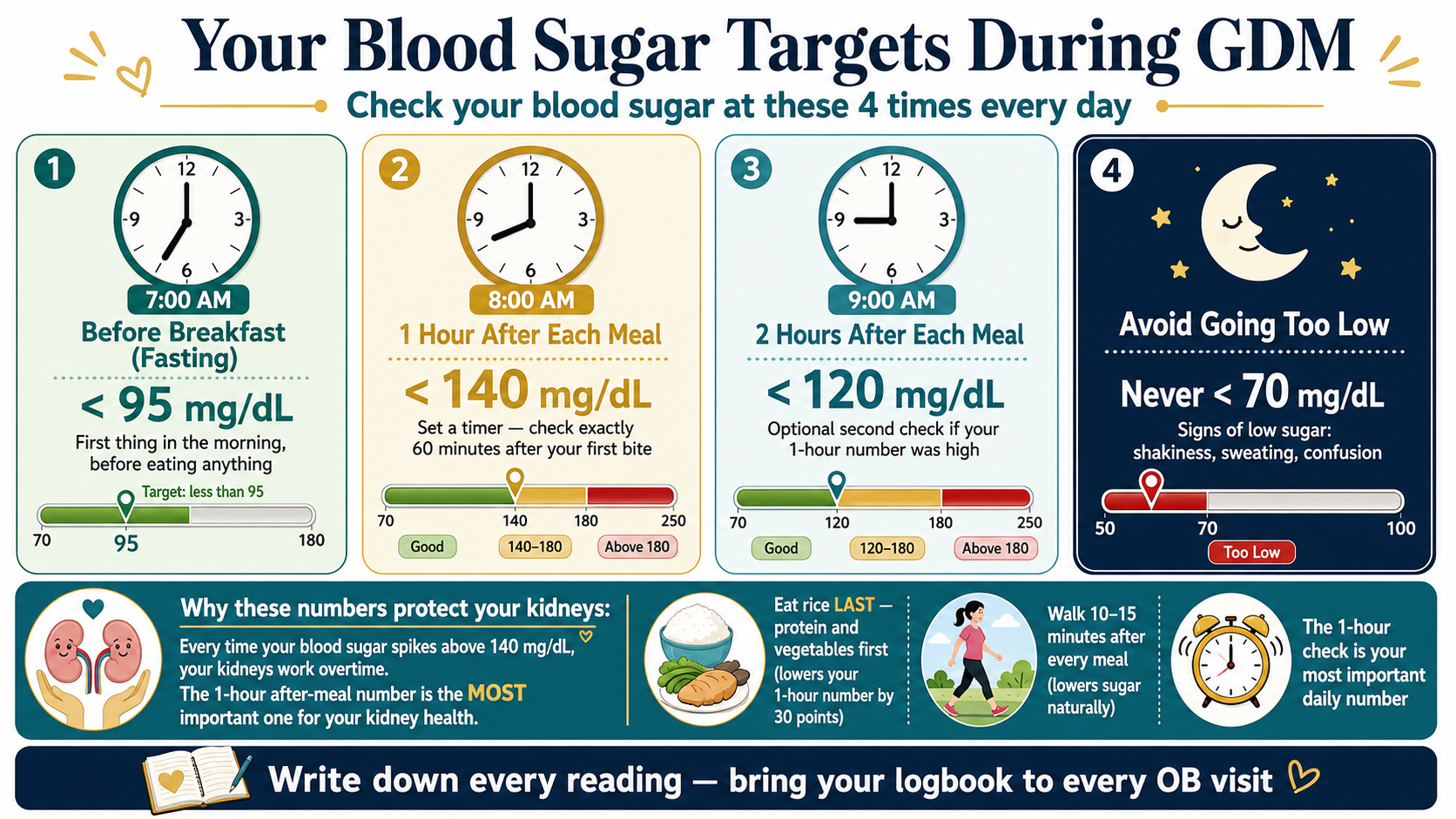 Your Blood Sugar Targets During GDM. Four timing cards: Before breakfast fasting less than 95 mg/dL; 1 hour after each meal less than 140 mg/dL — set a timer 60 minutes after first bite; 2 hours after each meal less than 120 mg/dL; Avoid going too low — never less than 70 mg/dL, signs of low sugar: shakiness sweating confusion. Bottom: why these numbers protect your kidneys — every spike above 140 makes kidneys work overtime; eat rice last — protein and vegetables first lowers 1-hour number by 30 points; walk 10–15 minutes after every meal; write down every reading bring logbook to OB visit.