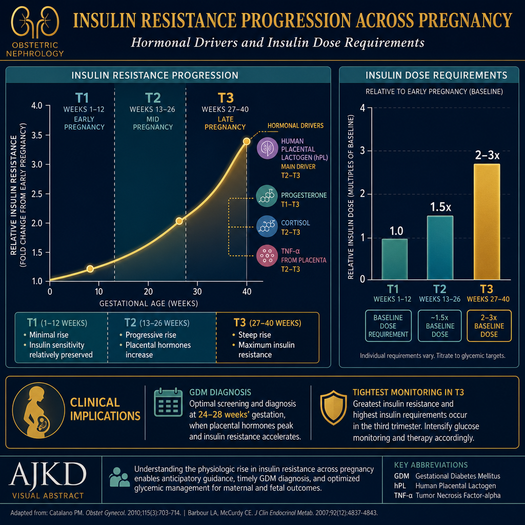 Insulin resistance progression across pregnancy trimesters — driven by hPL, progesterone, cortisol, TNF-alpha; T3 requirements 2-3x higher