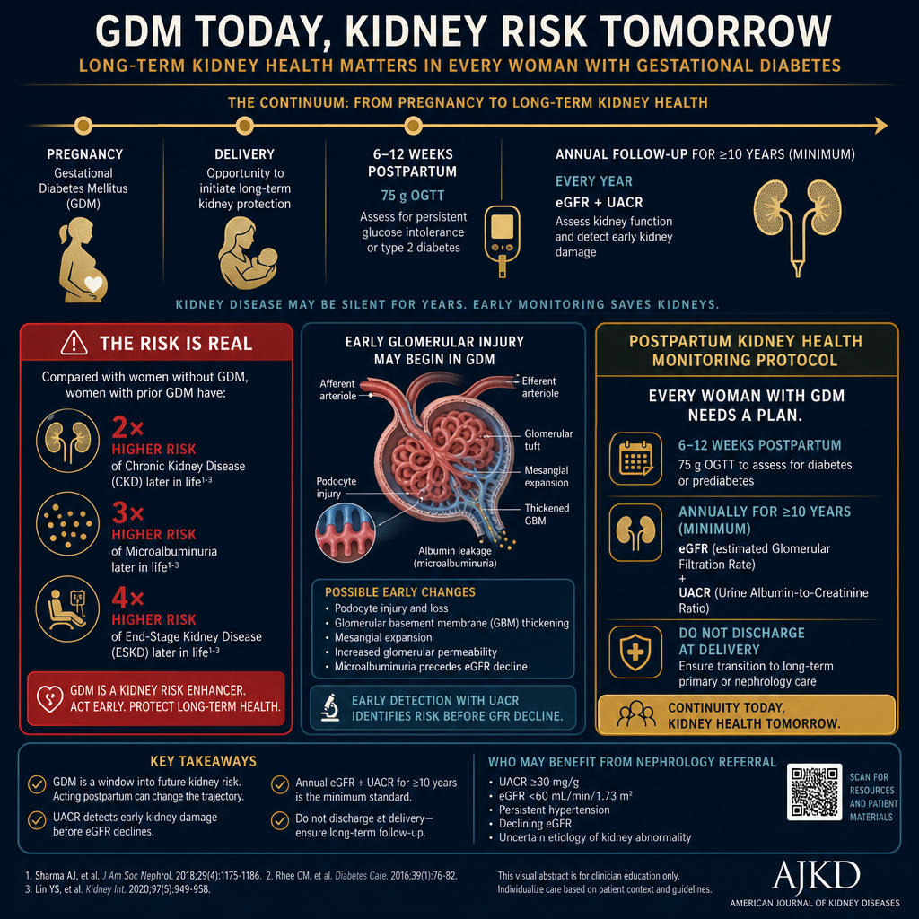 GDM long-term kidney risk and postpartum follow-up protocol — annual eGFR and UACR monitoring for 10 years after gestational diabetes