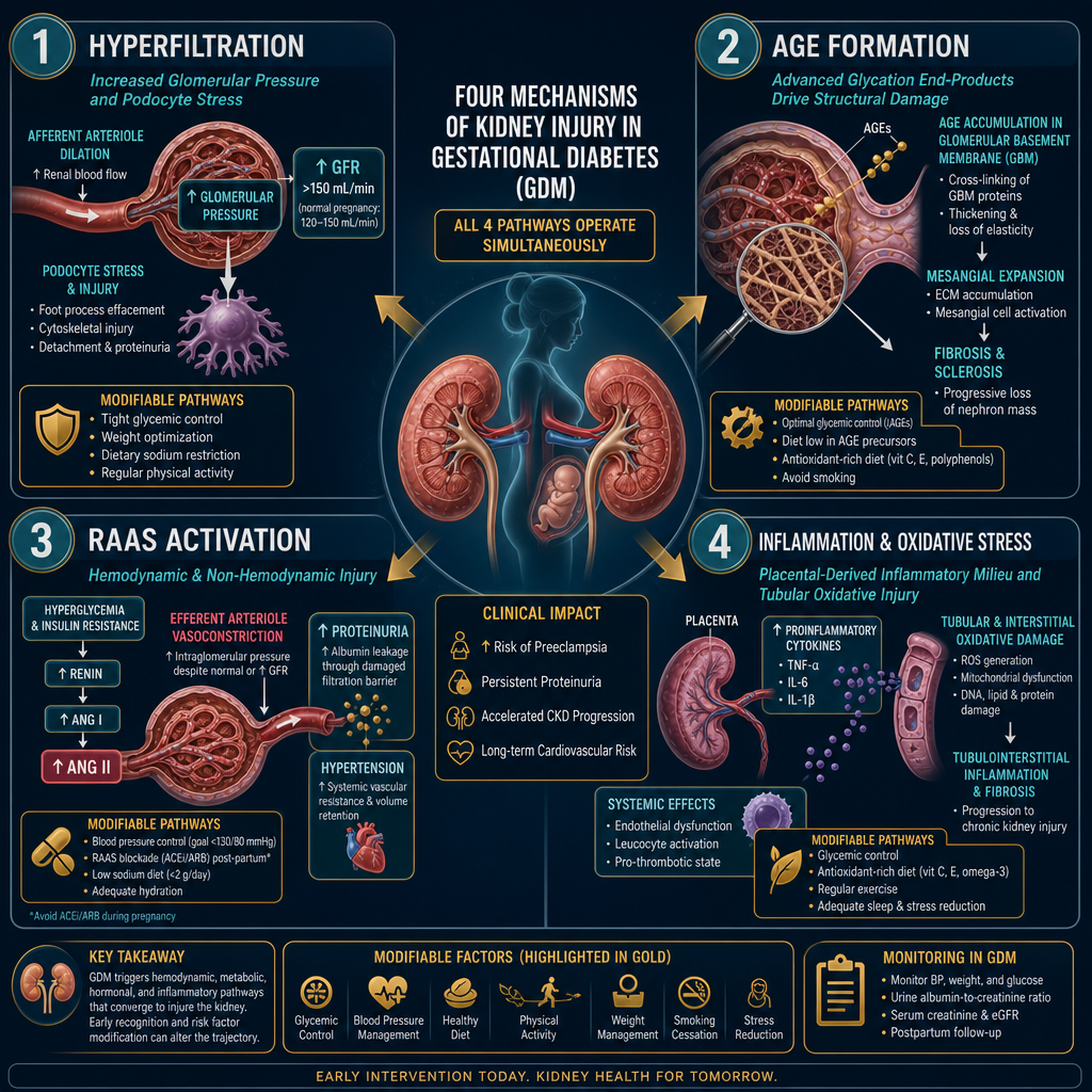GDM kidney injury mechanisms — four pathways: hyperfiltration, AGE formation, RAAS activation, and inflammation operating simultaneously