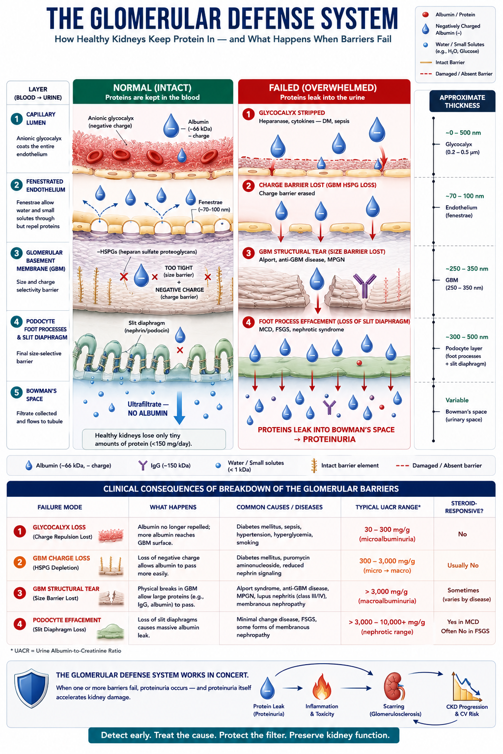 The Glomerular Defense System — Normal vs Failed barriers with layer-by-layer comparison and clinical consequences table