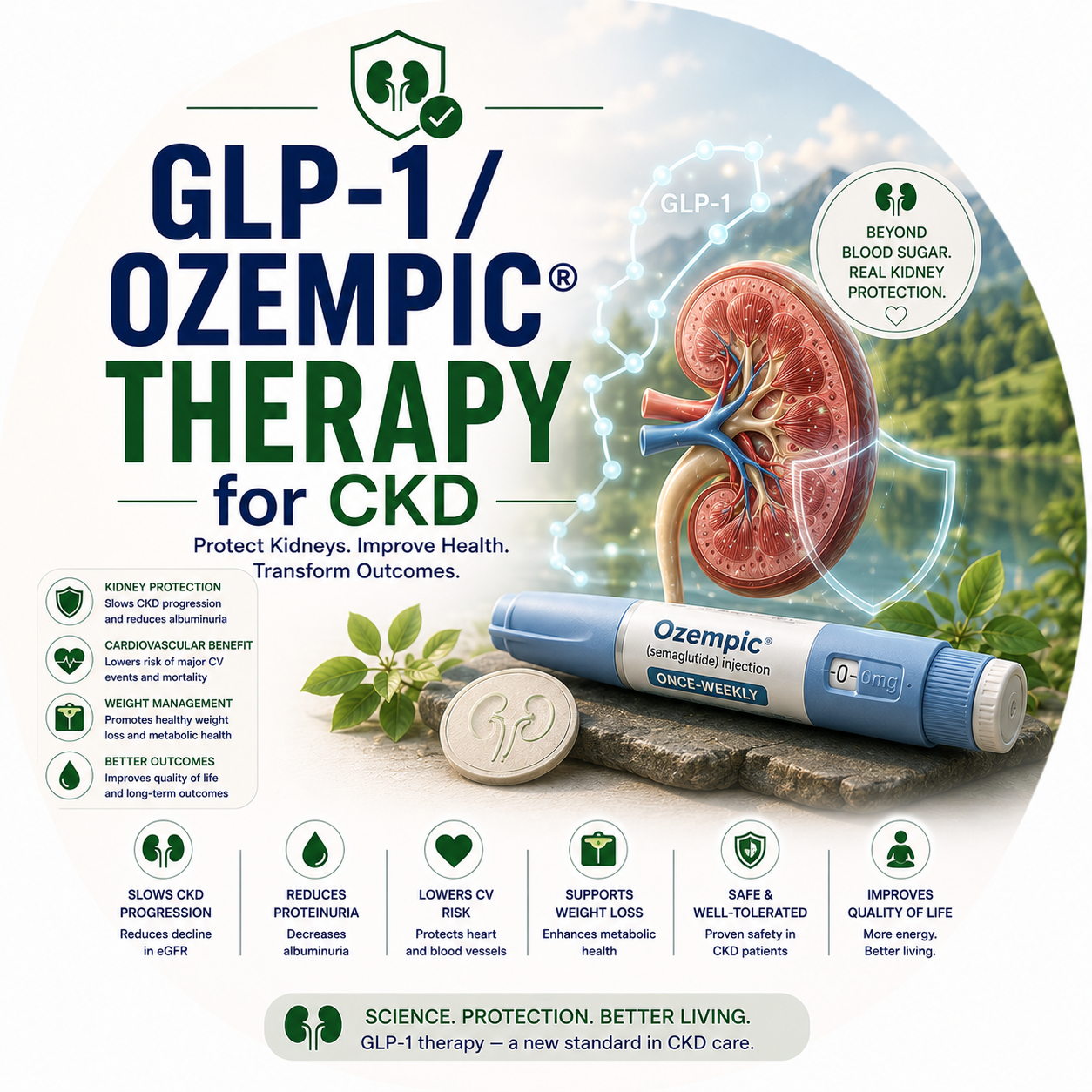 Circular vignette hero illustration for the GLP-1 agonists and CKD guide.