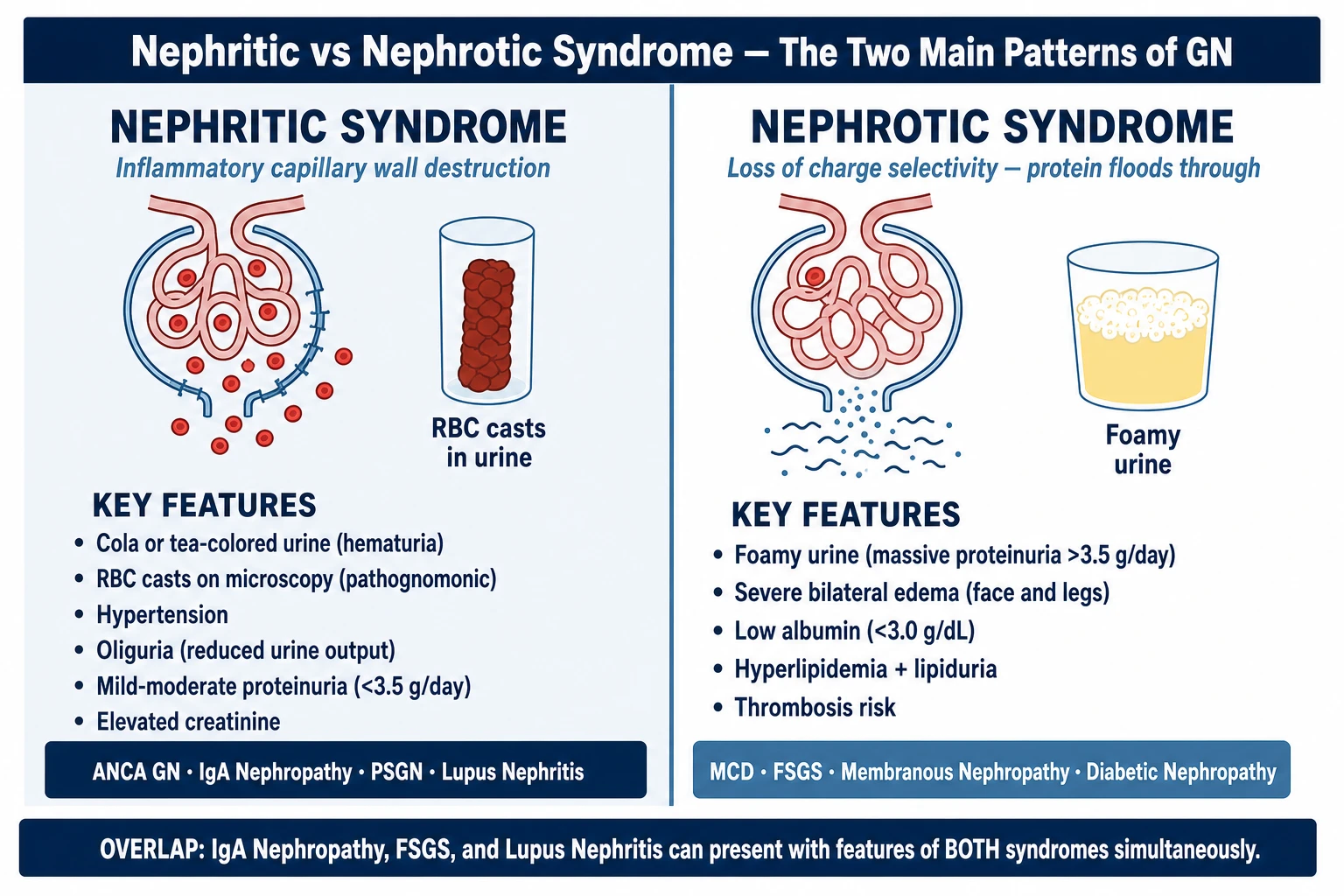 Nephritic vs nephrotic syndrome comparison — hallmark findings, lab patterns, and GN types that cause each