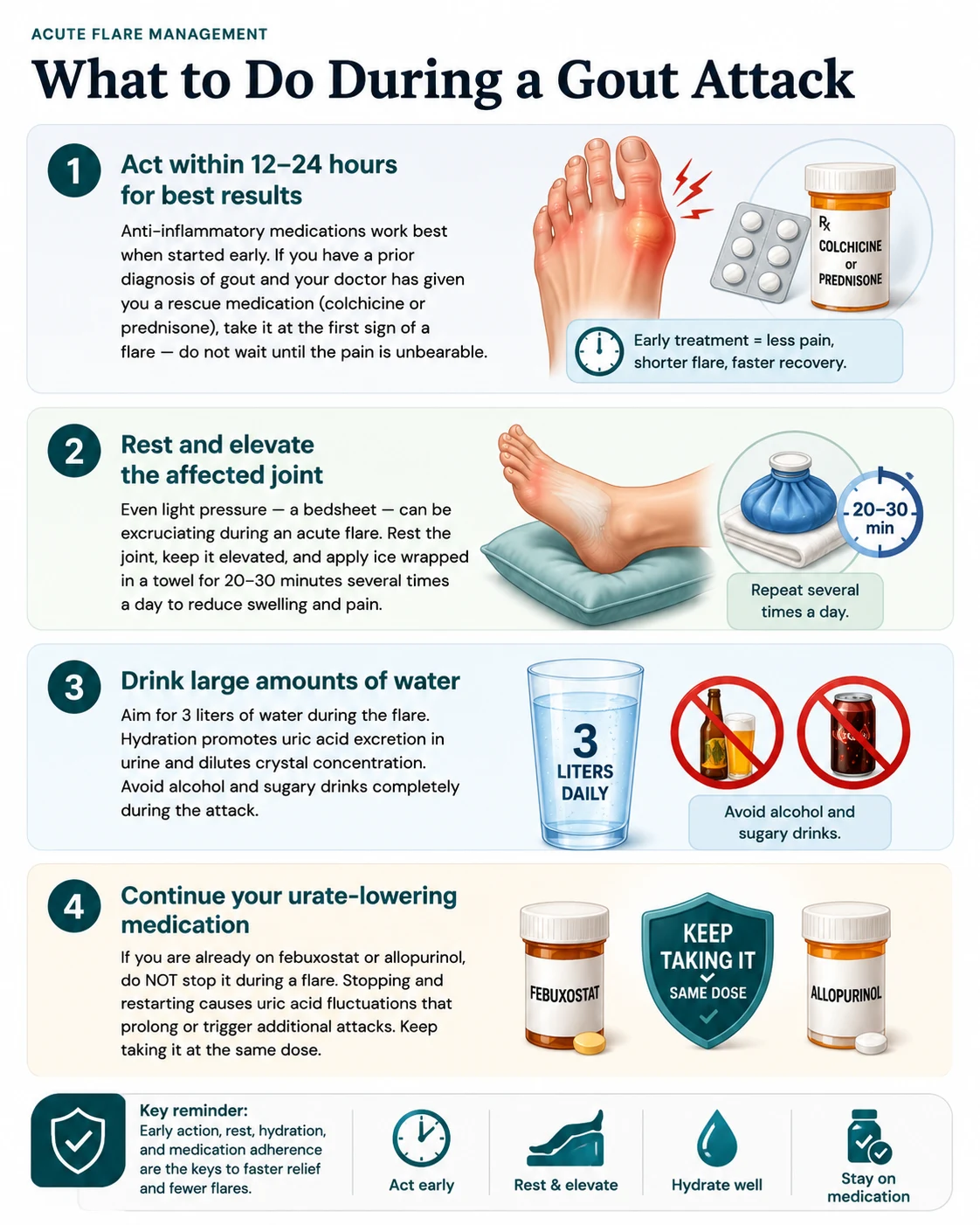 What to Do During a Gout Attack — 4-step acute flare management: (1) Act within 12-24 hours for best results — anti-inflammatory medications work best when started early; if your doctor has given you a rescue medication (colchicine or prednisone) take it at the first sign of a flare. (2) Rest and elevate the affected joint — even light pressure like a bedsheet can be excruciating; apply ice wrapped in a towel for 20-30 minutes several times a day. (3) Drink large amounts of water — aim for 3 liters during the flare to promote uric acid excretion; avoid alcohol and sugary drinks completely. (4) Continue your urate-lowering medication — if you are already on febuxostat or allopurinol, do NOT stop it during a flare; stopping and restarting causes uric acid fluctuations that prolong or trigger additional attacks