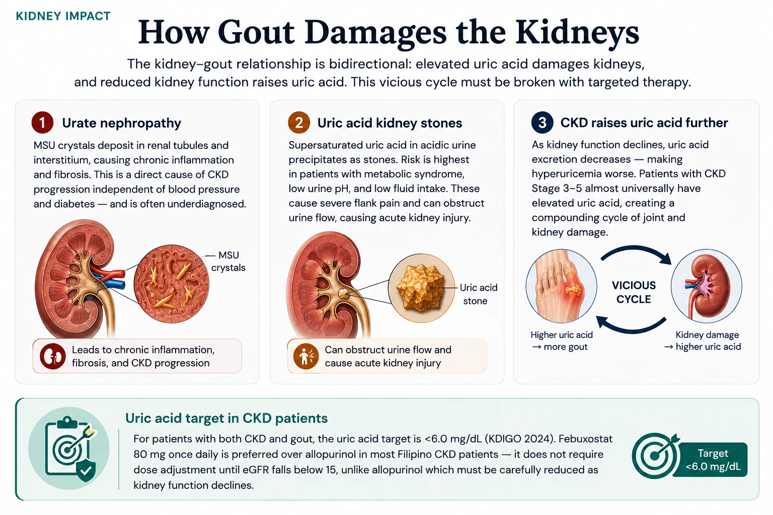 How Gout Damages the Kidneys — bidirectional kidney-gout relationship in 3 panels: (1) Urate nephropathy — MSU crystals deposit in renal tubules and interstitium causing chronic inflammation and fibrosis, a direct cause of CKD progression independent of BP and diabetes; (2) Uric acid kidney stones — supersaturated uric acid in acidic urine precipitates as stones, can obstruct urine flow and cause acute kidney injury; (3) CKD raises uric acid further — as kidney function declines, uric acid excretion decreases, creating a vicious cycle. Uric acid target in CKD patients is <6.0 mg/dL per KDIGO 2024; febuxostat 80 mg once daily is preferred over allopurinol in most Filipino CKD patients