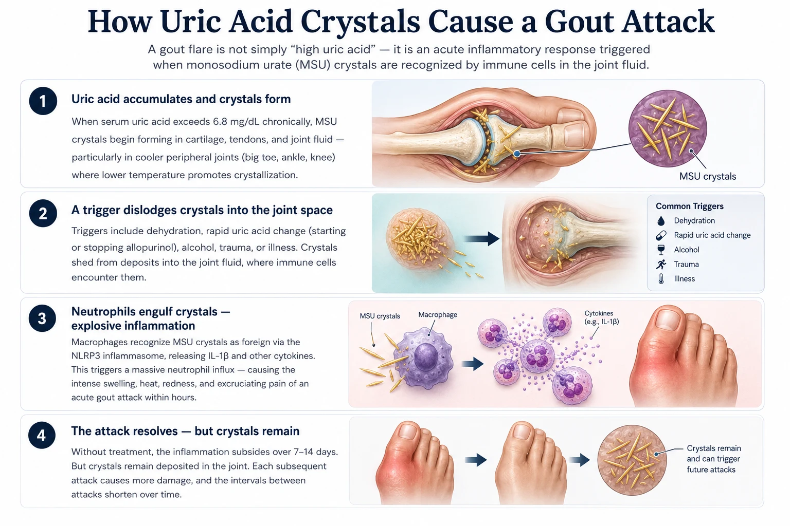 How Uric Acid Crystals Cause a Gout Attack — 4 steps: (1) uric acid accumulates above 6.8 mg/dL and MSU crystals form in cooler peripheral joints; (2) a trigger like dehydration, alcohol, trauma, or rapid uric acid change dislodges crystals into the joint fluid; (3) macrophages recognize crystals via the NLRP3 inflammasome and release IL-1β, triggering massive neutrophil influx that causes swelling, heat, redness, and pain within hours; (4) inflammation resolves over 7-14 days but crystals remain in the joint and each subsequent attack causes more damage