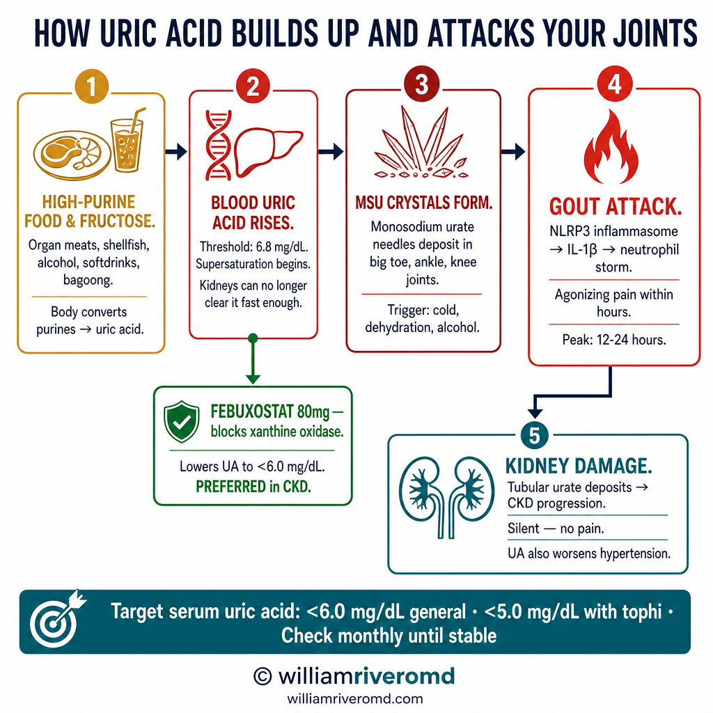 How uric acid builds up and causes damage: food → liver xanthine oxidase → blood UA → MSU crystal formation → gout attack and kidney damage pathway