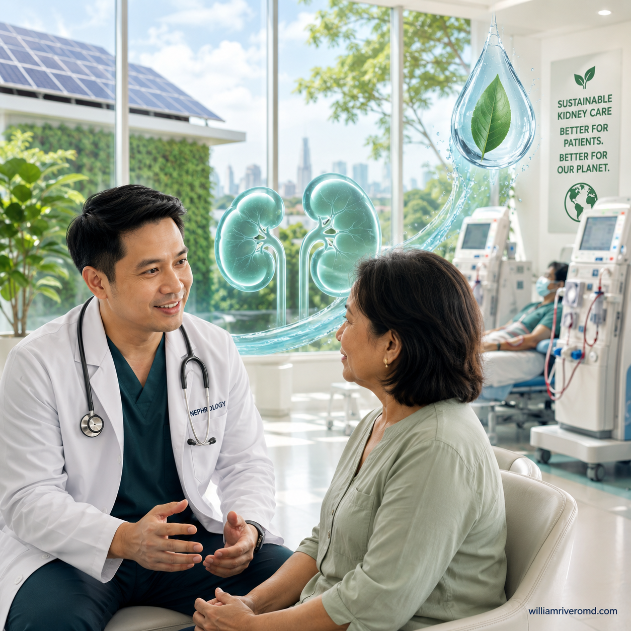 Green Nephrology 2026 — a Filipino nephrologist and patient beside a sustainable dialysis unit with a healthy kidney and water-conservation accents.