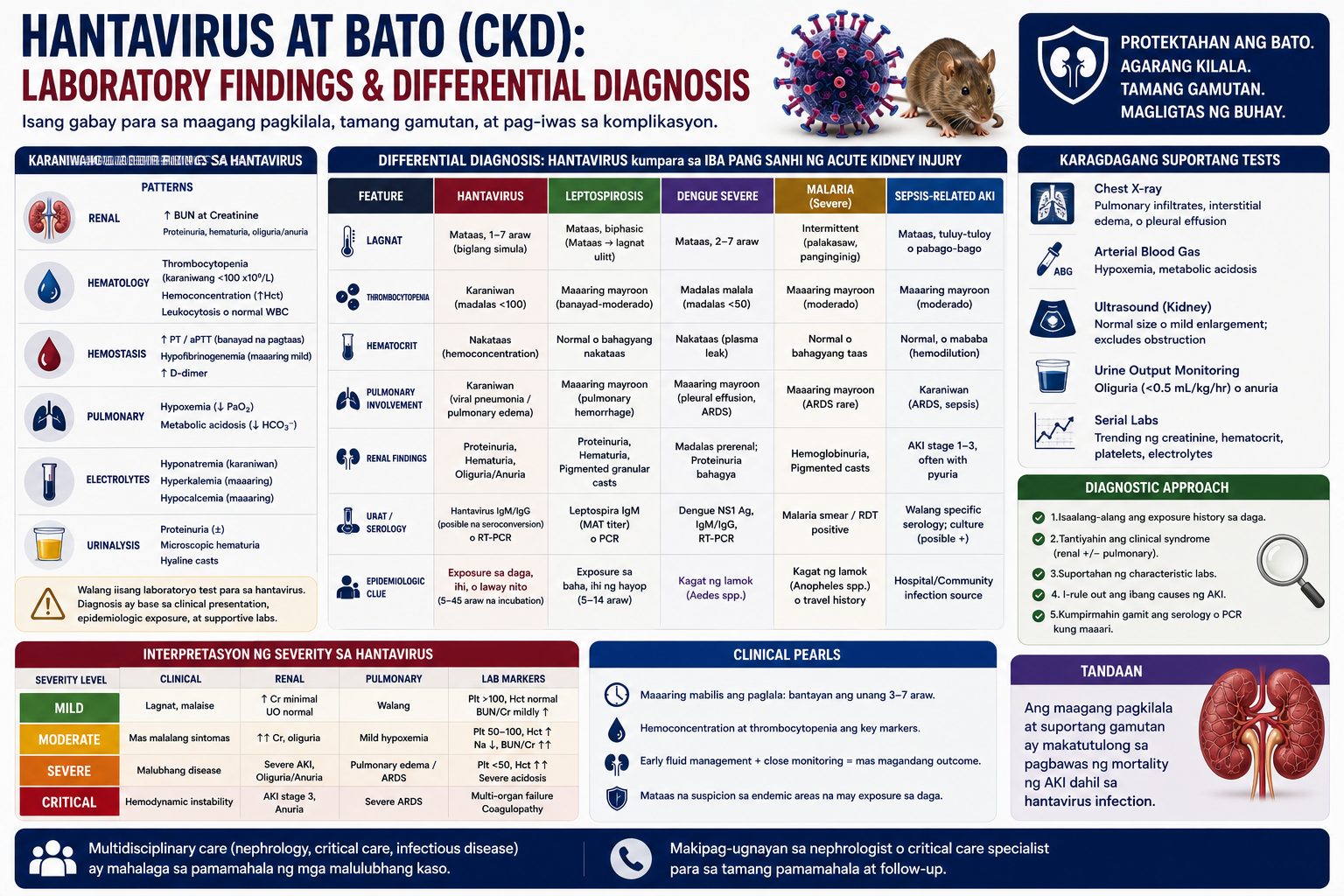 HFRS severity staging matrix — mild, moderate, severe, and critical tiers with dialysis indications and RRT modality selection