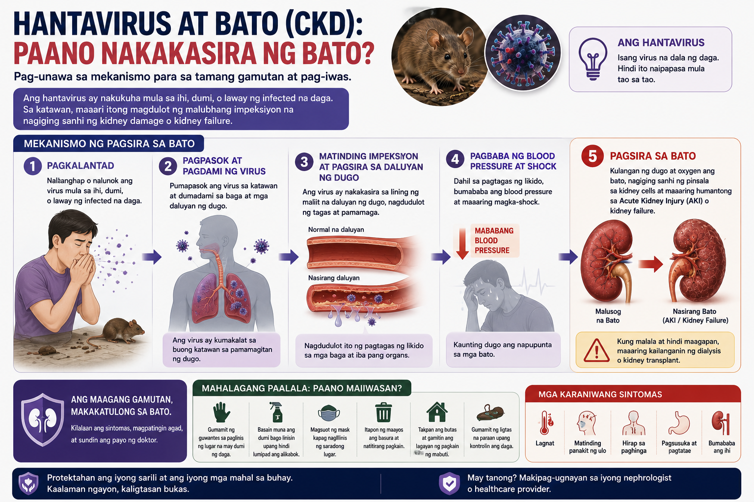 How hantavirus causes kidney failure — endothelial injury pathway from rodent exposure to AKI