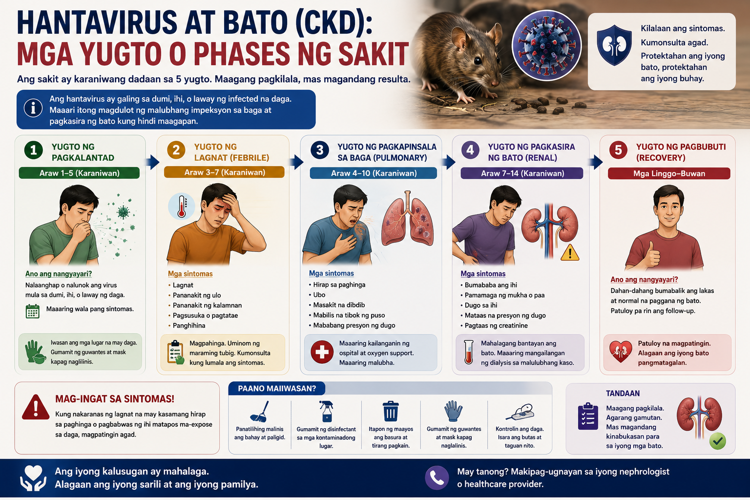 HFRS five-phase clinical timeline — febrile, hypotensive, oliguric, diuretic, and convalescent phases with danger levels