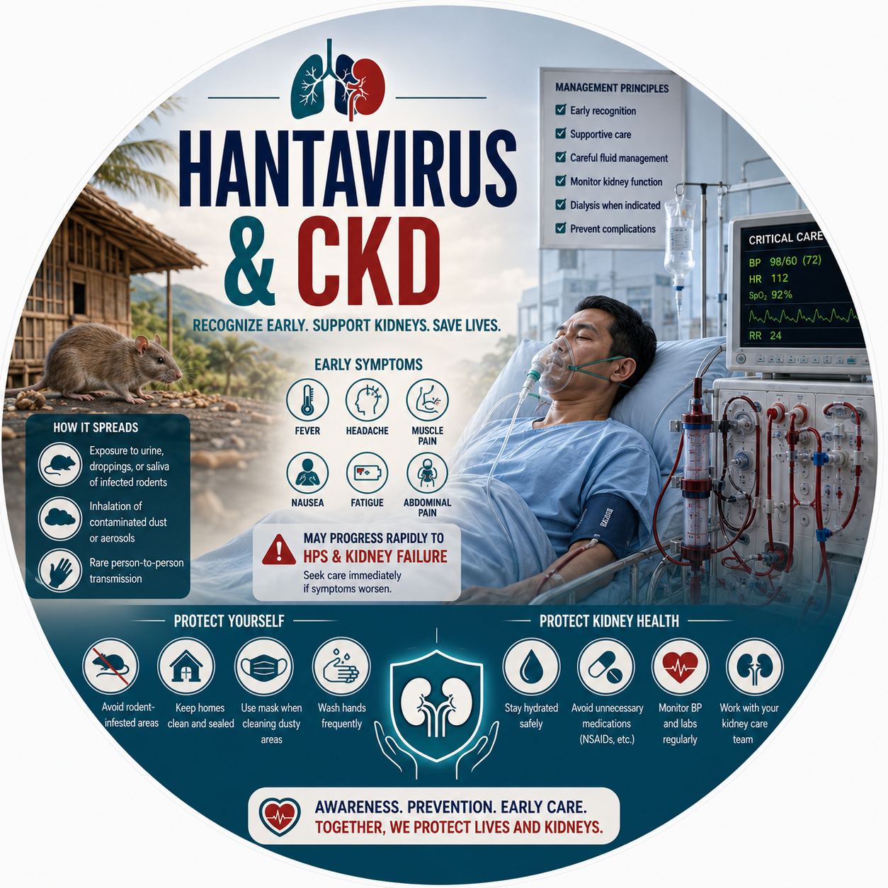 Circular vignette hero illustration for the hantavirus and the kidneys guide.