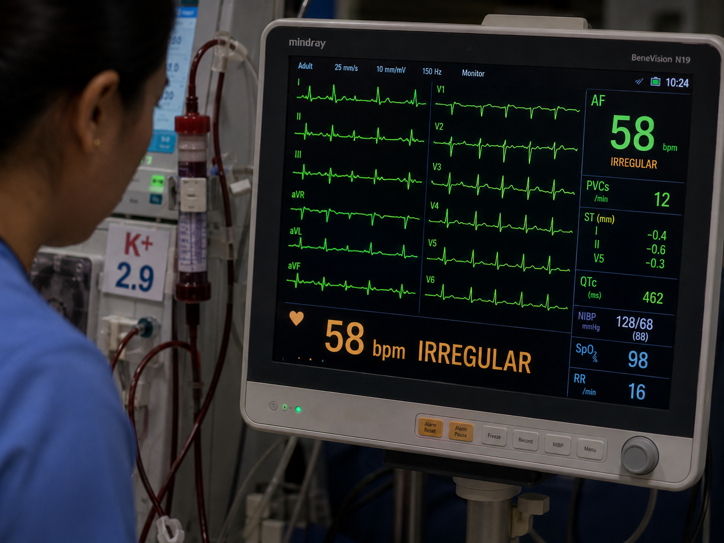 Mindray BeneVision N19 cardiac monitor at a dialysis station showing 12-lead ECG with atrial fibrillation, heart rate 58 bpm labelled IRREGULAR, K+ 2.9 posted on the dialysis machine, a Filipino nurse observing the screen — illustrating the link between rapid potassium removal and intradialytic arrhythmia