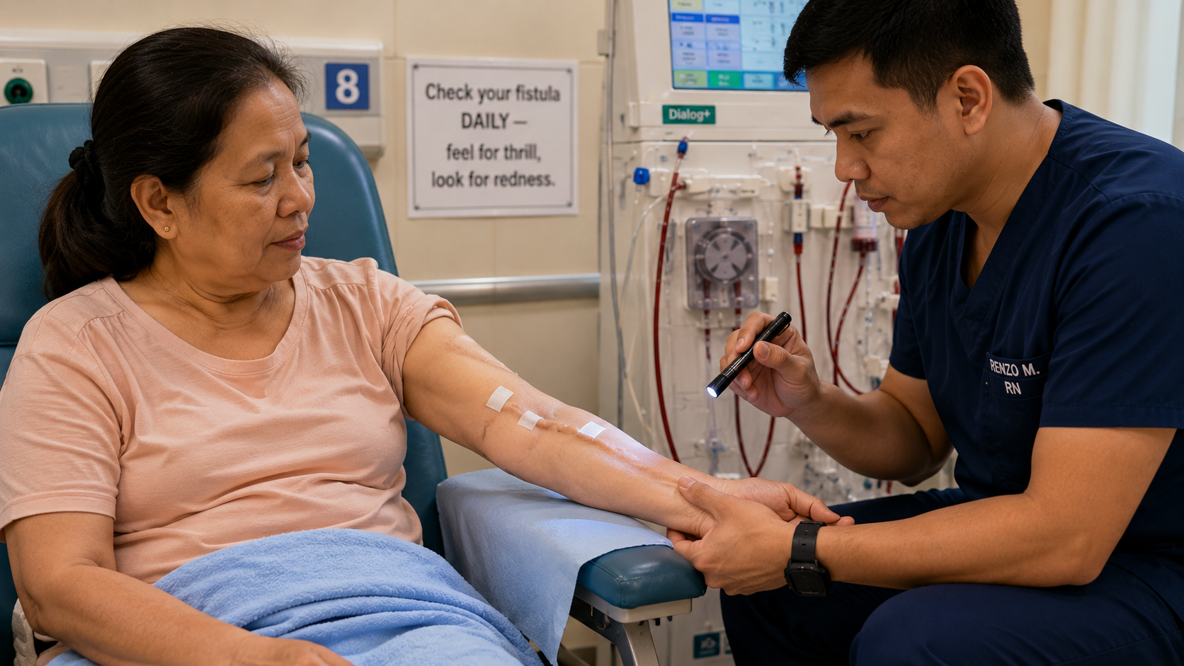 Filipino female dialysis patient at chair 8 with arm extended, while a Filipino male nurse in navy scrubs uses a penlight to carefully inspect the arteriovenous fistula needle sites — a wall sign behind them reads 'Check your fistula DAILY — feel for thrill, look for redness'