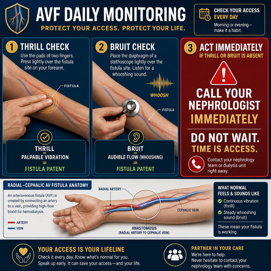 AVF daily monitoring — feel for thrill with two fingers, listen for bruit with stethoscope; absent thrill or bruit requires immediate nephrologist contact