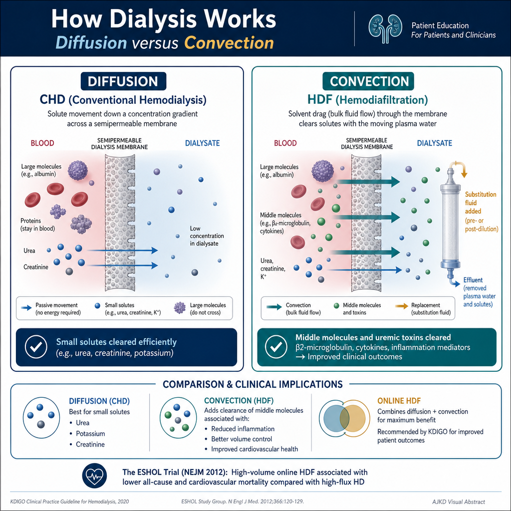 Diffusion vs convection in hemodialysis — how each physical mechanism clears solutes, which molecules each removes, and why middle-molecule clearance by convection matters for long-term dialysis outcomes