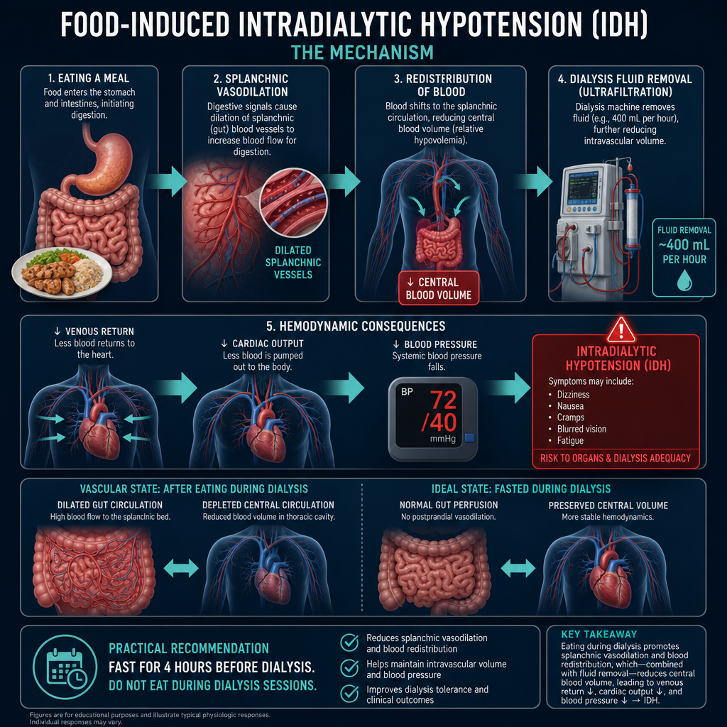 Food-induced intradialytic hypotension mechanism — eating causes splanchnic vasodilation diverting blood from central circulation during ultrafiltration