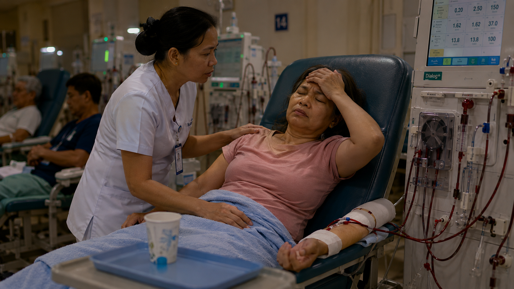 Filipino female hemodialysis patient reclining in a dialysis chair with her hand pressed to her forehead and eyes closed in discomfort, while a Filipino nurse stands beside her with a reassuring hand on her shoulder — a cup of water on the tray table, B.Braun Dialog+ machine visible