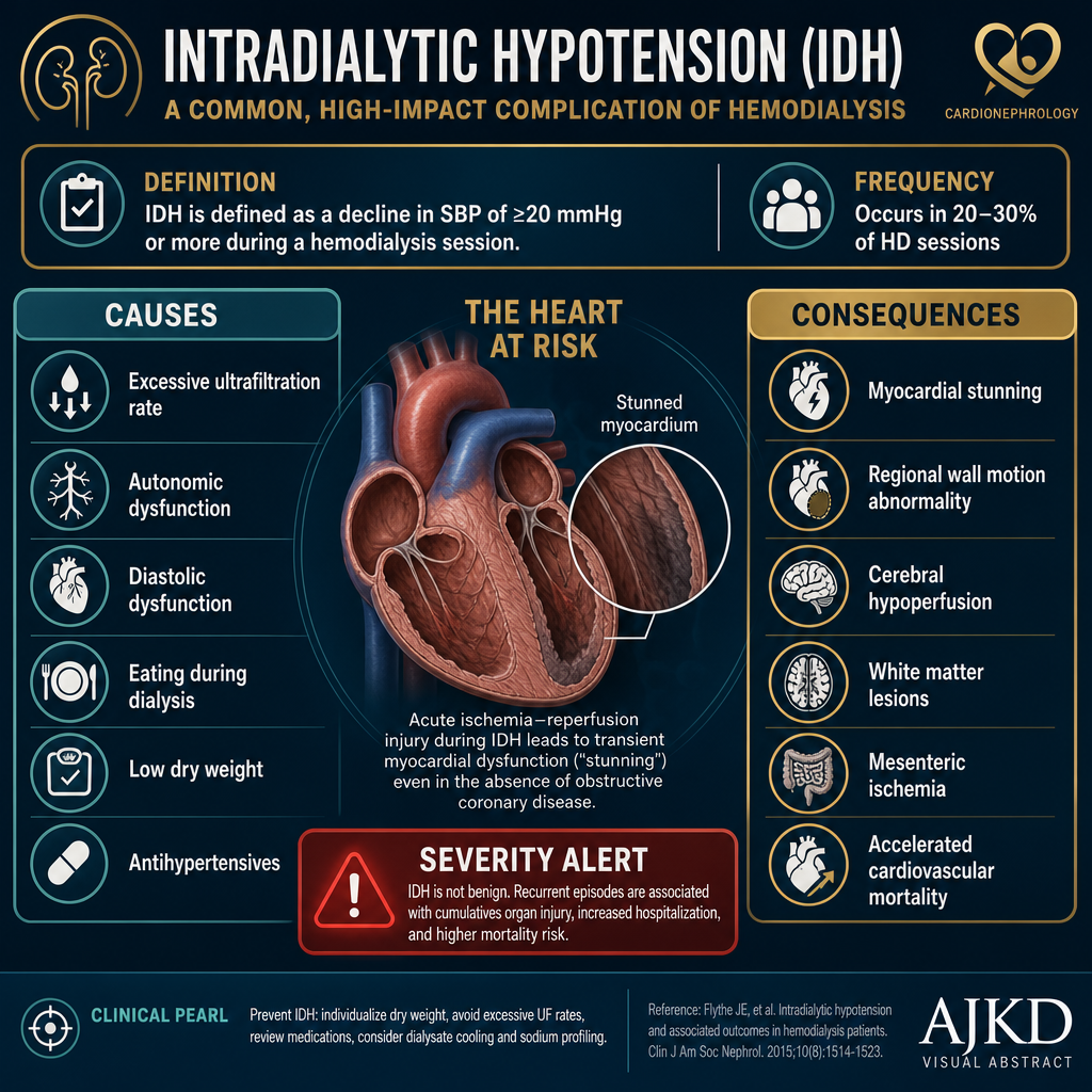 Intradialytic hypotension overview — causes, frequency, and cardiovascular consequences including myocardial stunning and cerebral hypoperfusion