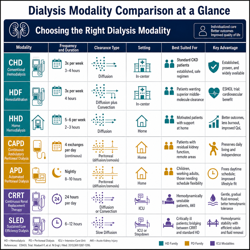Hemodialysis modalities comparison table — CHD, HDF, home HD, peritoneal dialysis, CRRT, SLED compared by setting, frequency, middle-molecule clearance, cardiovascular benefits, and best clinical use case