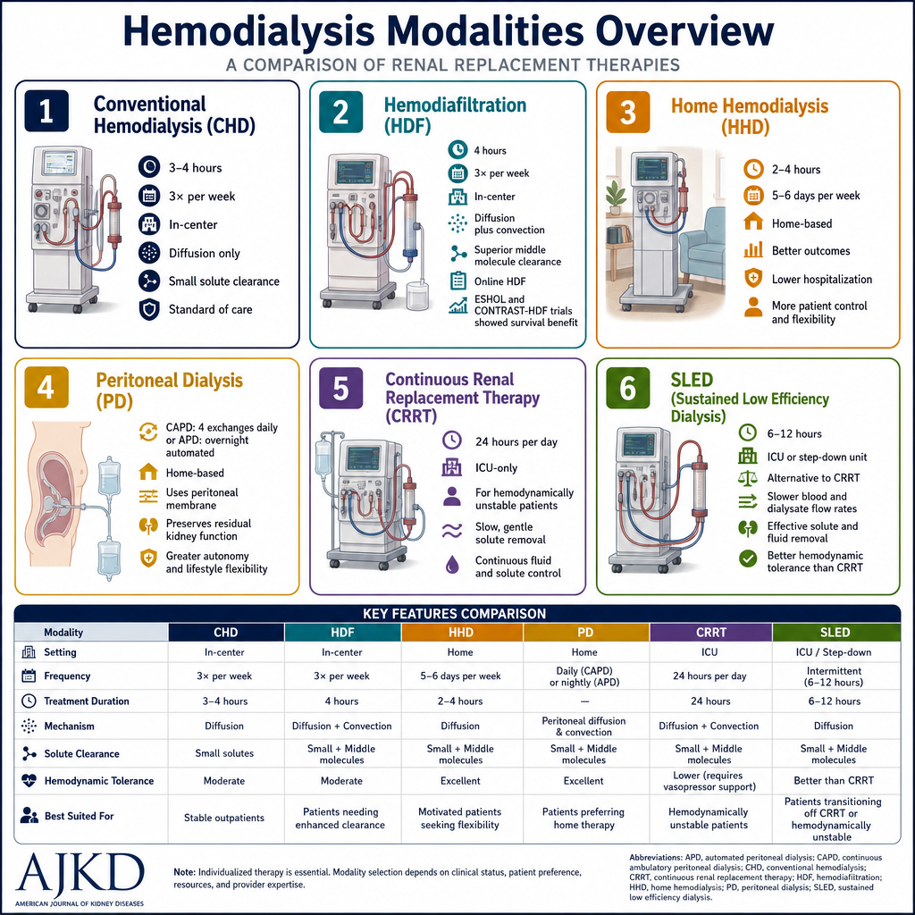 Six dialysis modalities overview — conventional HD, hemodiafiltration (HDF), home hemodialysis, peritoneal dialysis (CAPD/APD), CRRT, SLED — comparing mechanism, solute clearance, setting, and clinical indication