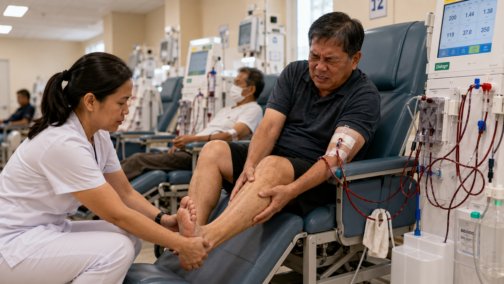 Filipino male hemodialysis patient grimacing in pain from a severe leg cramp, gripping his calf with both hands, while a Filipino nurse in white uniform kneels beside him and dorsiflexes his foot to relieve the muscle spasm — B.Braun Dialog+ dialysis machine visible beside the chair