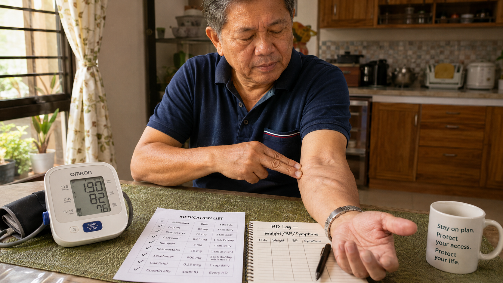 Filipino male dialysis patient at his home kitchen table, pressing two fingers onto his arteriovenous fistula to feel for the thrill, with an Omron blood pressure monitor, a checked medication list, and an open HD log book (Weight/BP/Symptoms) beside him — a mug reading 'Stay on plan. Protect your access. Protect your life.' in the foreground