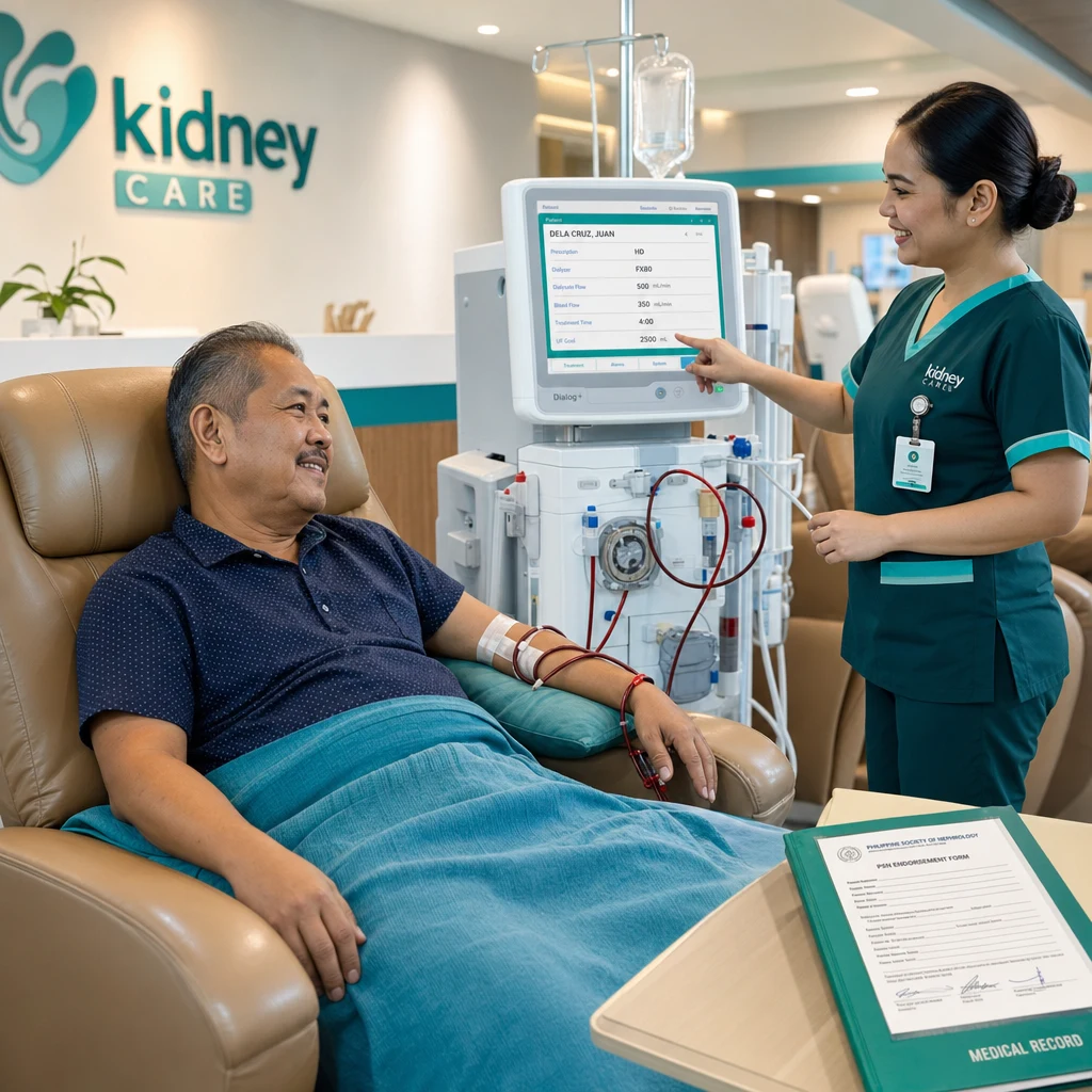 Photorealistic image of a hemodialysis patient being welcomed at a new dialysis center with continuity of care