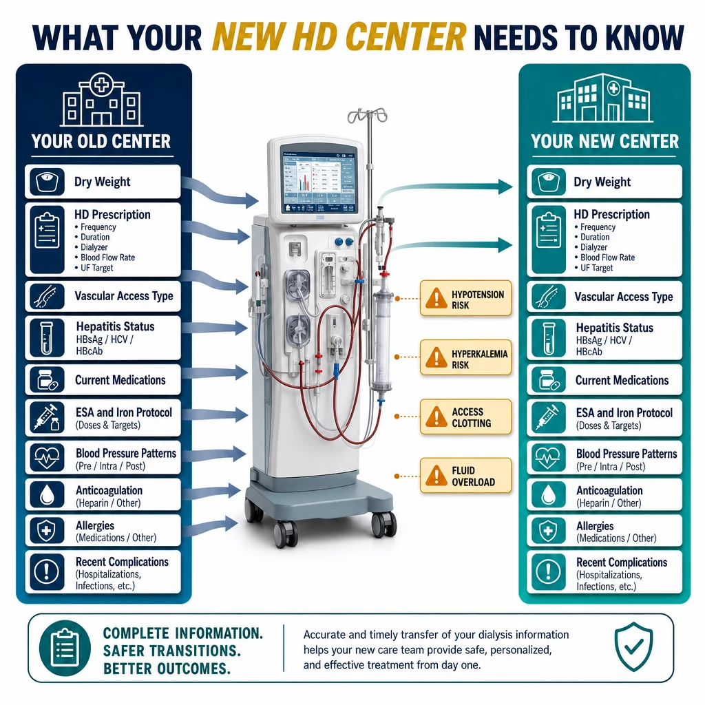Clinical infographic showing what the new hemodialysis center needs to know about the patient