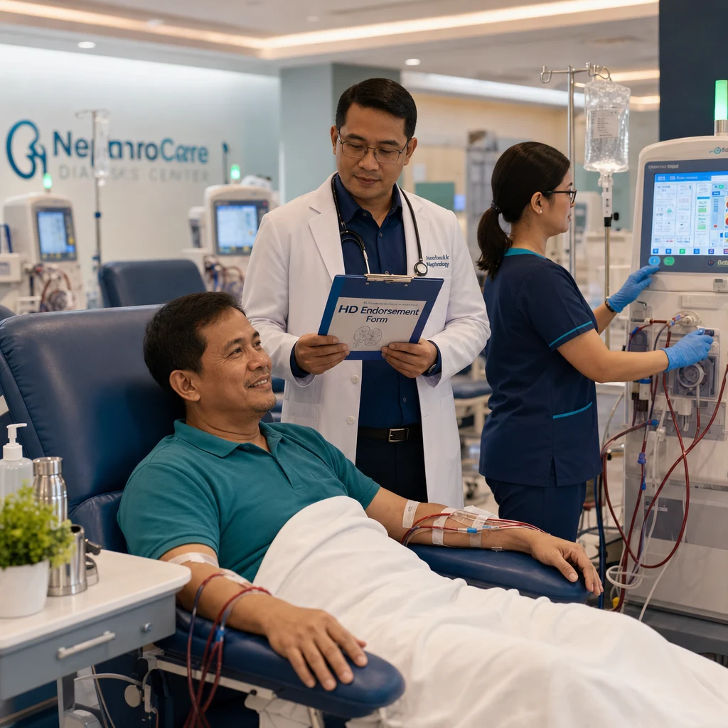 Filipino nephrologist and dialysis nurse performing a professional patient handoff at a Philippine hemodialysis center