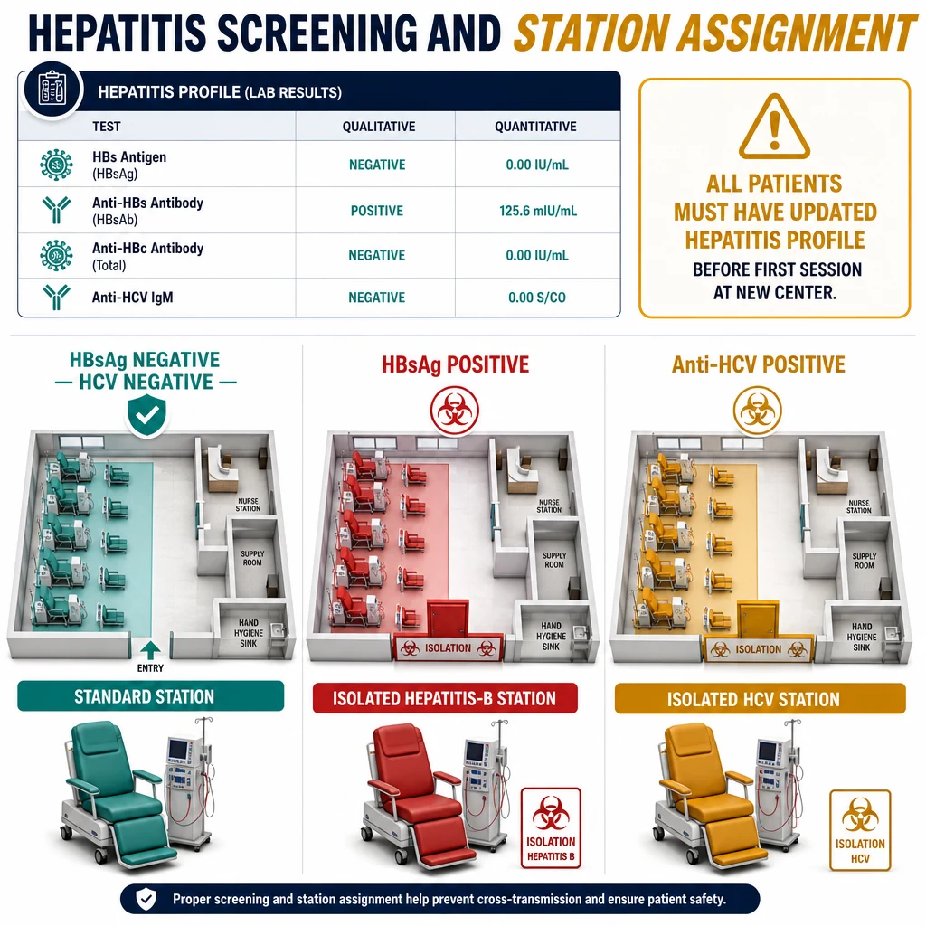 Infographic showing hepatitis screening and station assignment for HD transfer patients