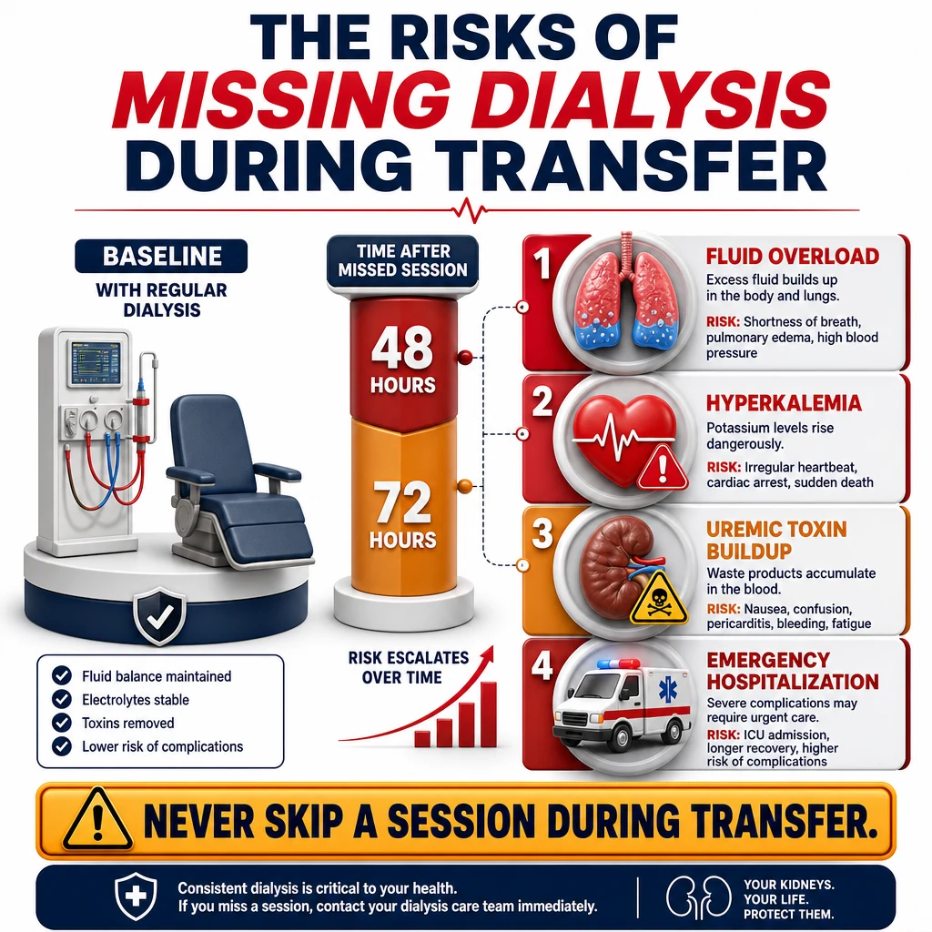 Infographic showing the medical risks of missed hemodialysis sessions during a center transfer
