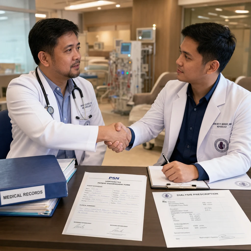 Photorealistic scene of a professional nephrologist handoff at a Philippine hemodialysis center