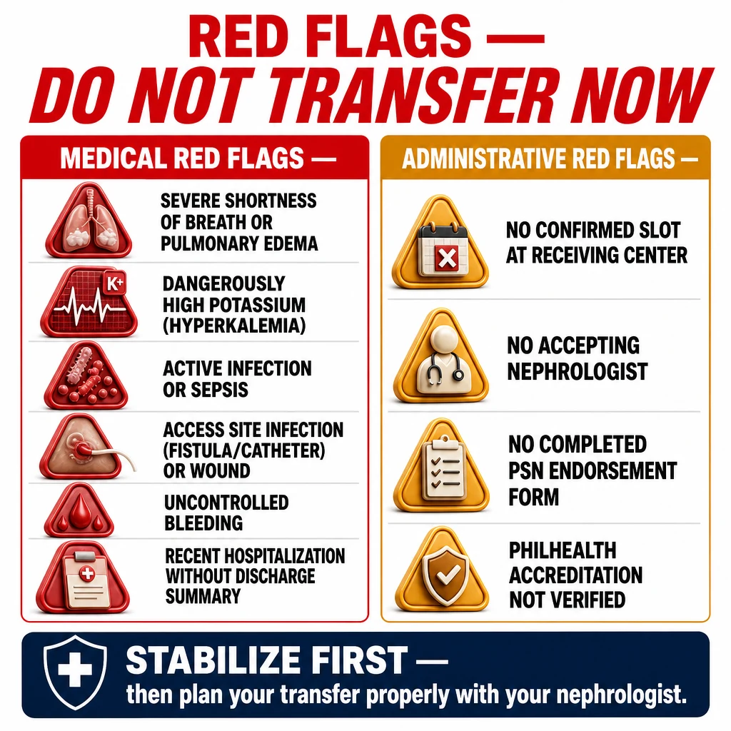 Red flag warning infographic for situations when you should not transfer hemodialysis centers