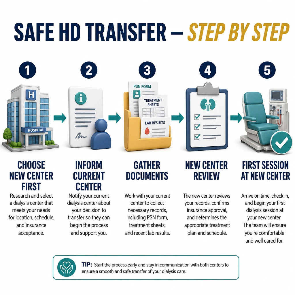 5-step timeline infographic for safe hemodialysis center transfer in the Philippines