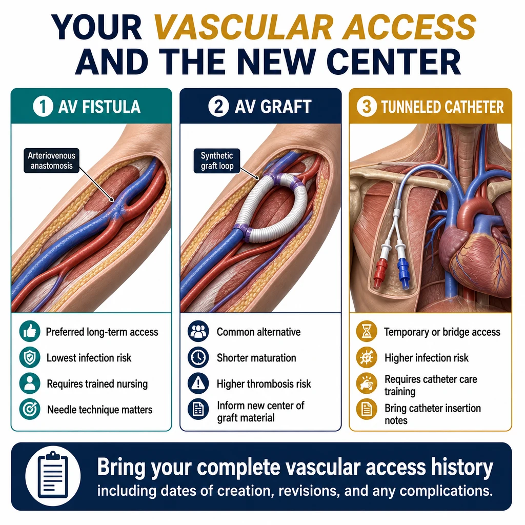 Infographic comparing AV fistula, AV graft, and tunneled catheter vascular access for hemodialysis