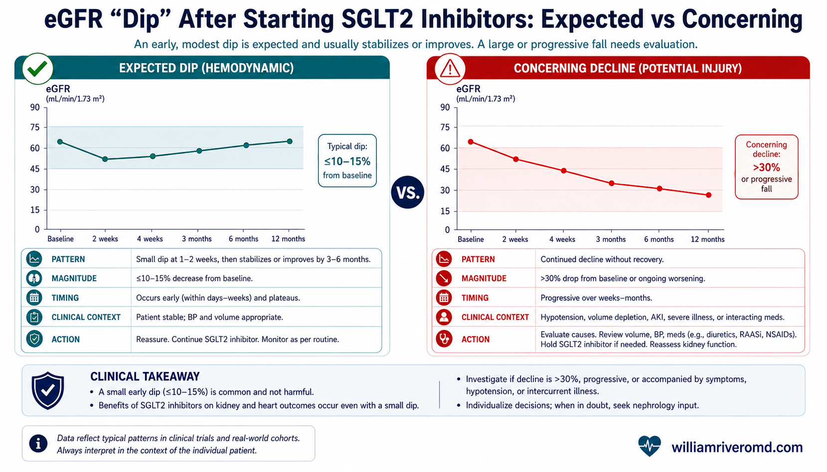 Comparison chart of eGFR over time after starting a heart medicine — a small expected dip that then stabilises (safe) versus a continuous decline (needs investigation).