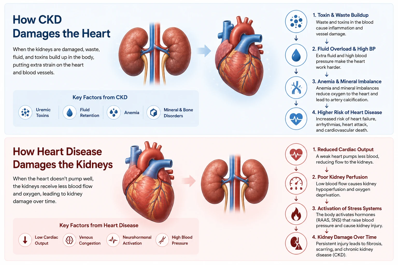 How CKD Damages the Heart and How Heart Disease Damages the Kidneys: bidirectional pathophysiology — kidney-to-heart pathway via uremic toxins, fluid retention, anemia, and mineral and bone disorders leading to higher risk of heart disease; and heart-to-kidney pathway via reduced cardiac output, poor kidney perfusion, neurohormonal activation (RAAS, SNS), and chronic kidney damage