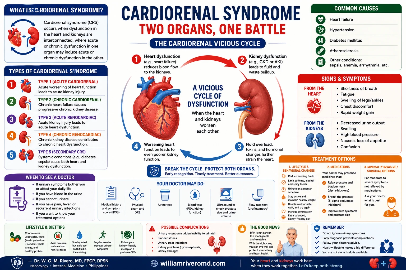Cardiorenal Syndrome — Two Organs, One Battle: definition of CRS, the cardiorenal vicious cycle in 4 steps, the five types of cardiorenal syndrome (acute cardiorenal, chronic cardiorenal, acute renocardiac, chronic renocardiac, secondary CRS), common causes, signs and symptoms from the heart and kidneys, treatment options, lifestyle and diet tips, possible complications, and key reassurances