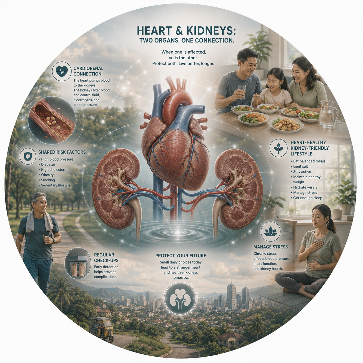 Circular vignette hero illustration for the heart and kidney connection guide.