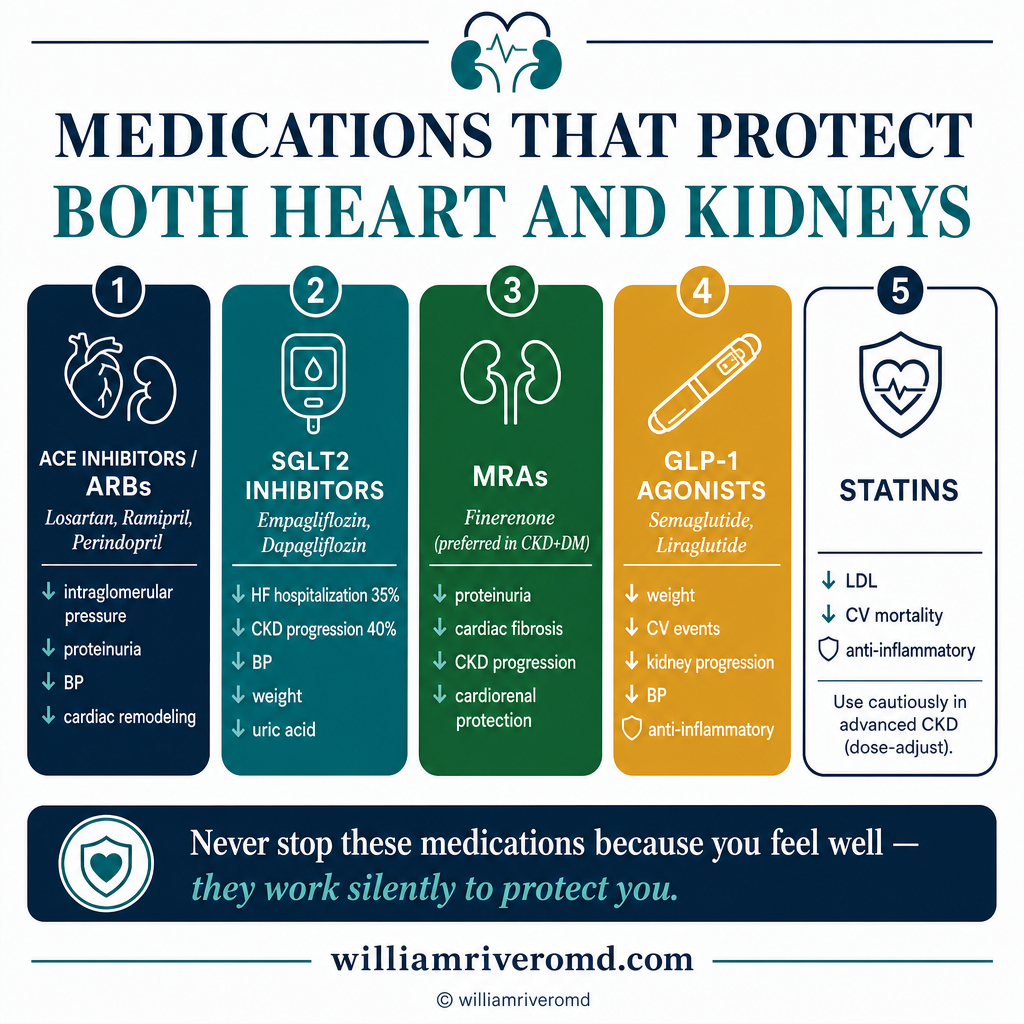 Medications protecting both heart and kidneys: ACE inhibitors/ARBs, SGLT2 inhibitors, finerenone, GLP-1 agonists, statins