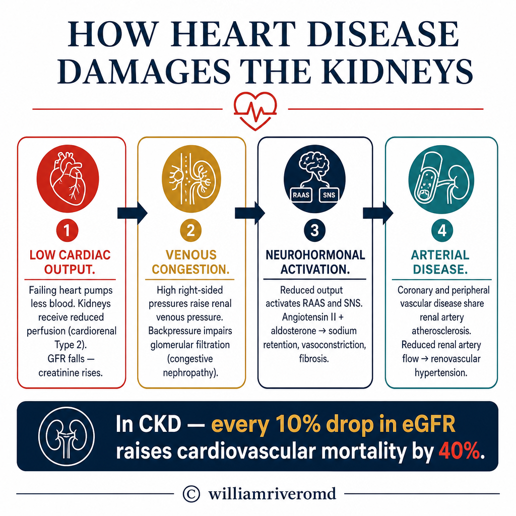 How heart disease damages the kidneys: reduced cardiac output, venous congestion, neurohormonal activation, and contrast nephropathy mechanisms