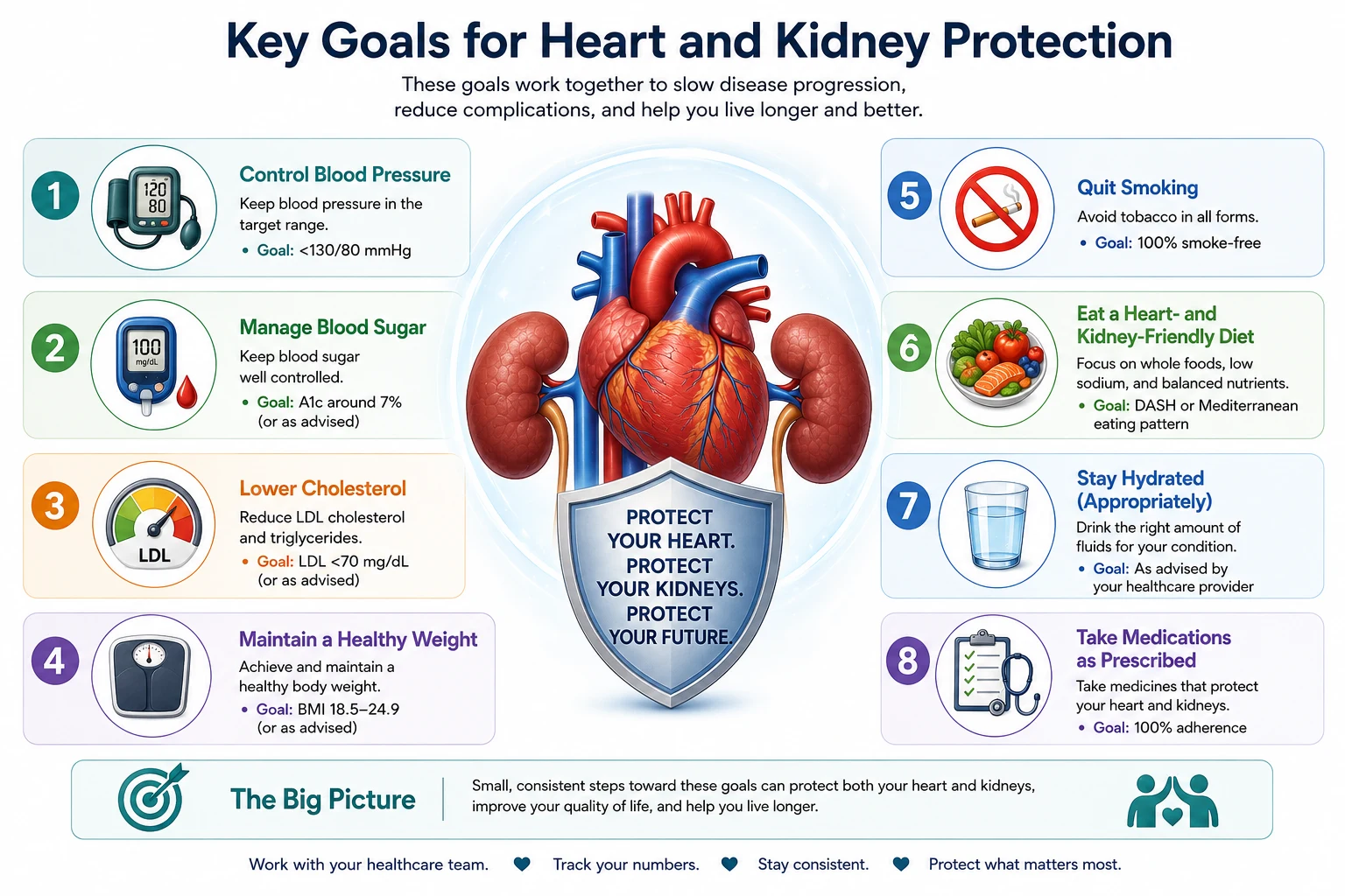 Key Goals for Heart and Kidney Protection: 8 actionable targets — control blood pressure (<130/80 mmHg), manage blood sugar (A1c around 7%), lower cholesterol (LDL <70 mg/dL), maintain healthy weight (BMI 18.5–24.9), quit smoking (100% smoke-free), eat a heart- and kidney-friendly diet (DASH or Mediterranean), stay appropriately hydrated, and take medications as prescribed (100% adherence)
