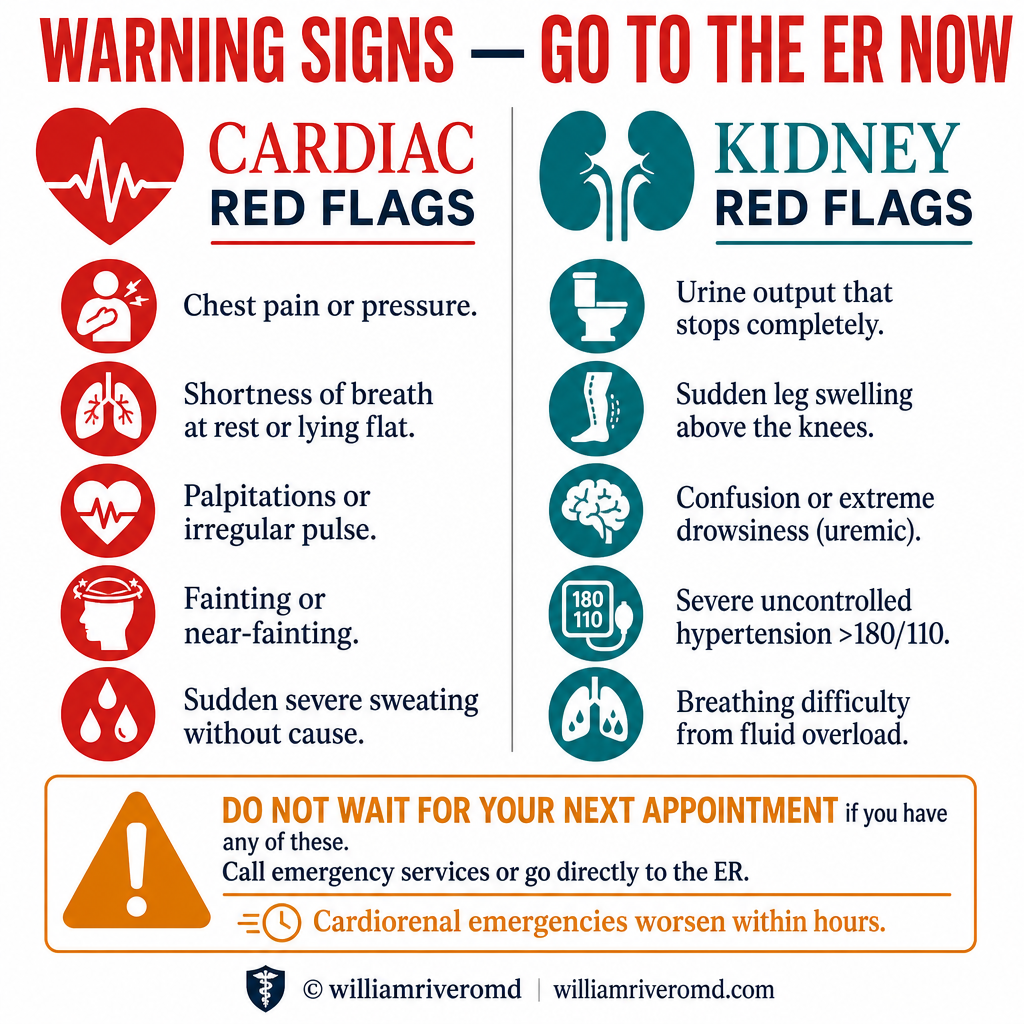 Cardiorenal emergency warning signs: cardiac and kidney red flags requiring immediate ER care