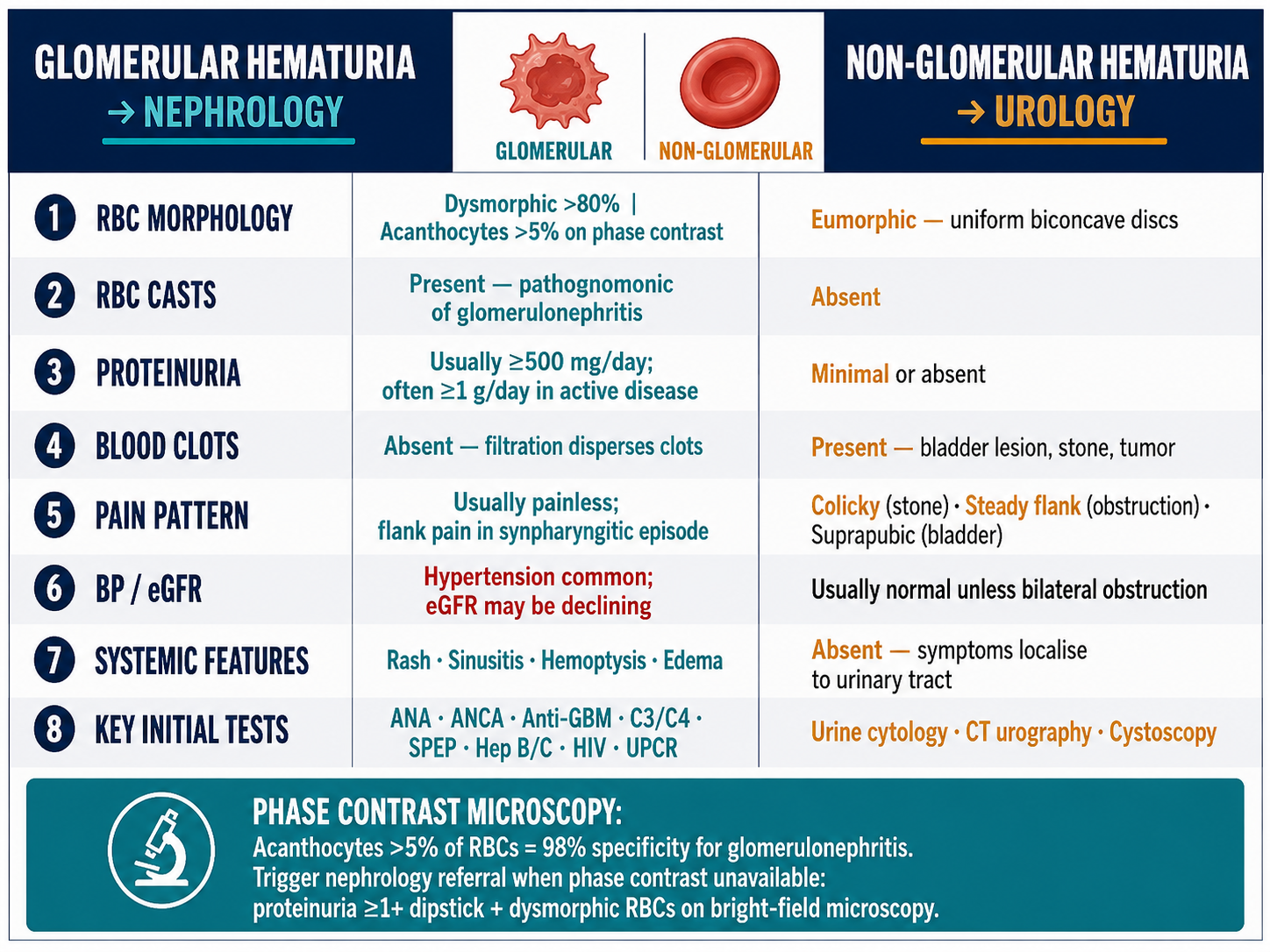Glomerular vs. non-glomerular hematuria — RBC morphology, proteinuria, and clinical features distinguishing the nephrology from the urology pathway · williamriveromd.com