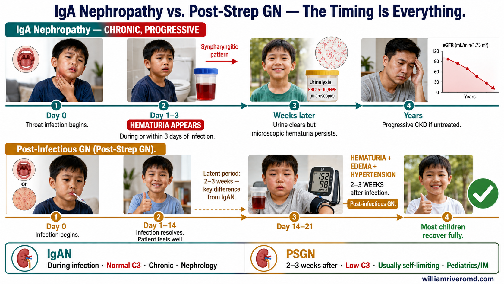 IgA Nephropathy vs Post-Strep GN — The Timing Is Everything. Two-row timeline showing synpharyngitic pattern of IgAN (hematuria during infection, Filipino child model) vs delayed post-infectious GN (2-3 weeks later, with edema and hypertension)