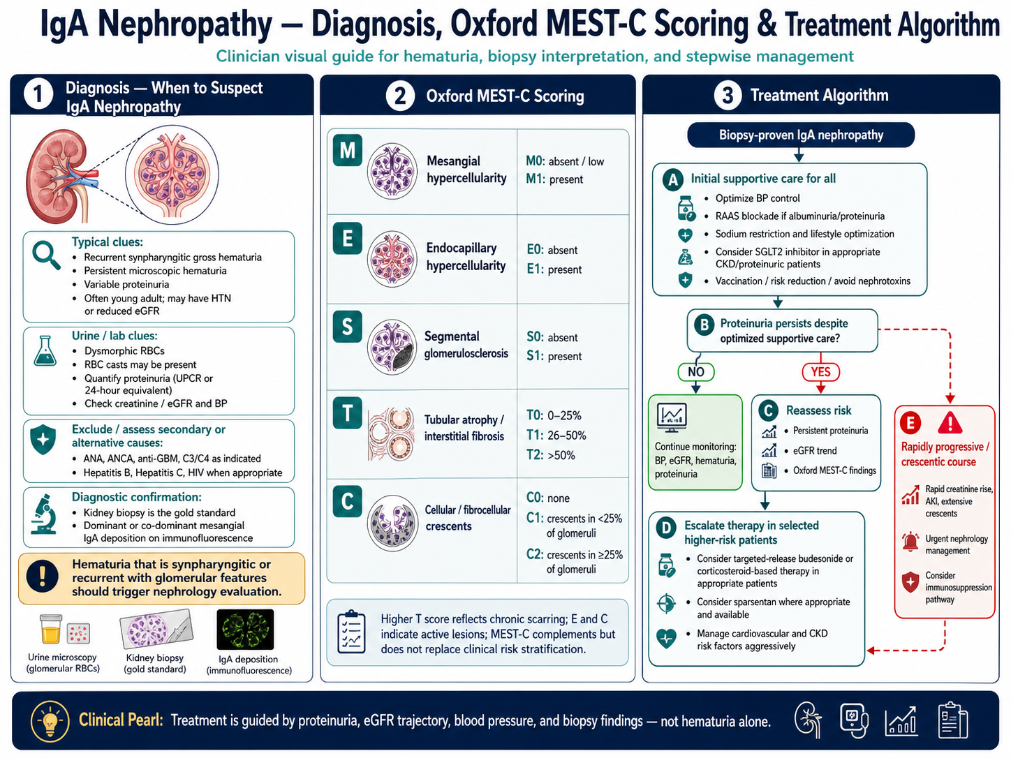 IgA nephropathy — Oxford MEST-C scoring guide and KDIGO 2021/2024 risk stratification and treatment algorithm · williamriveromd.com